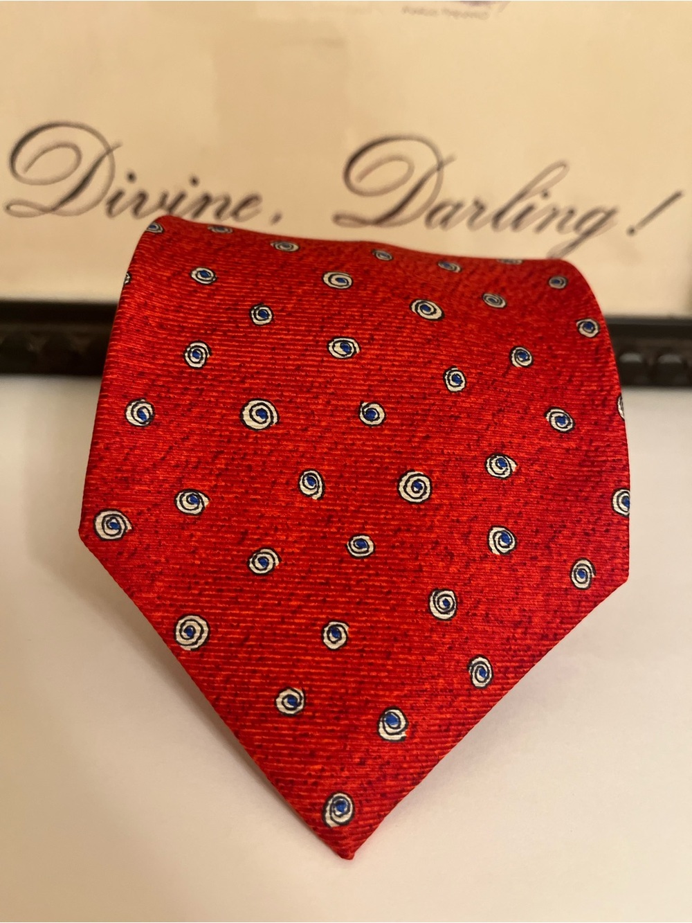 BVLGARI Red Silk Tie with Blue and Ivory Dot Motif - Made in Italy - 3.75” Width